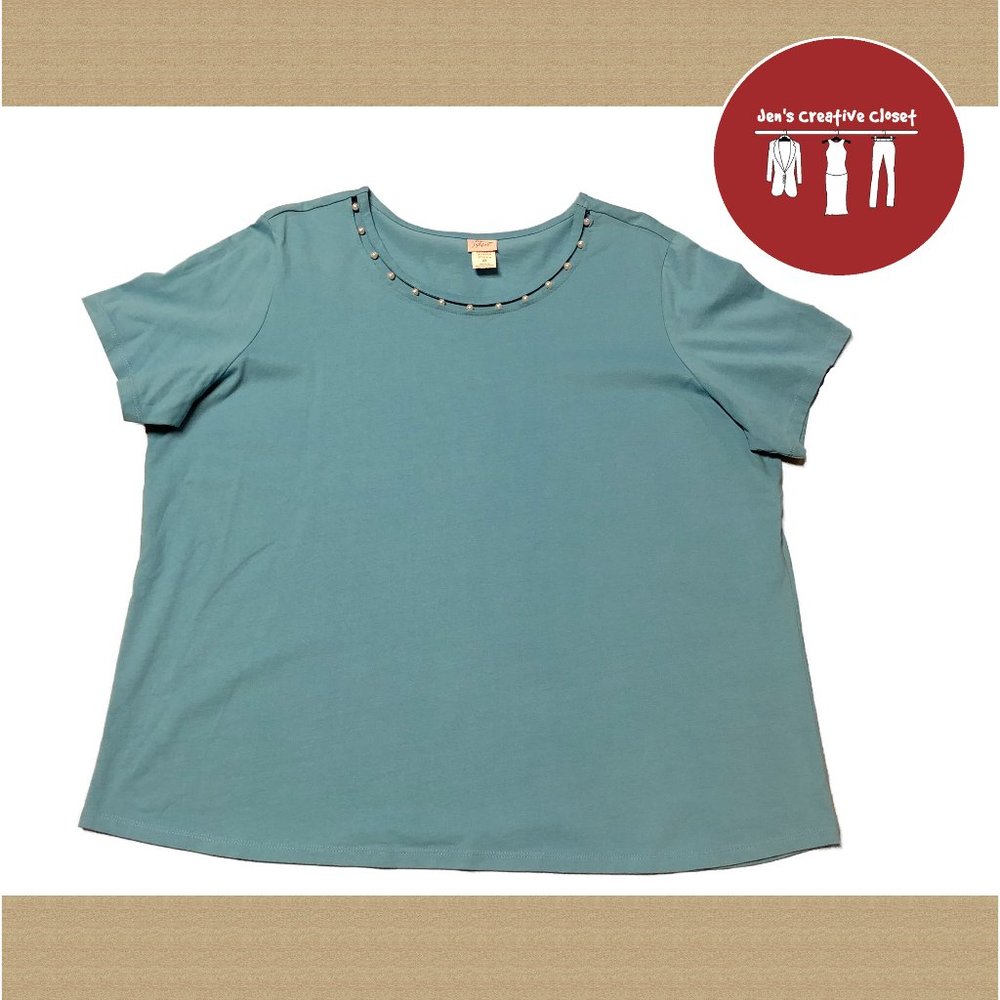 Women's Adrian Delafield Blue Beaded Short Sleeve Top